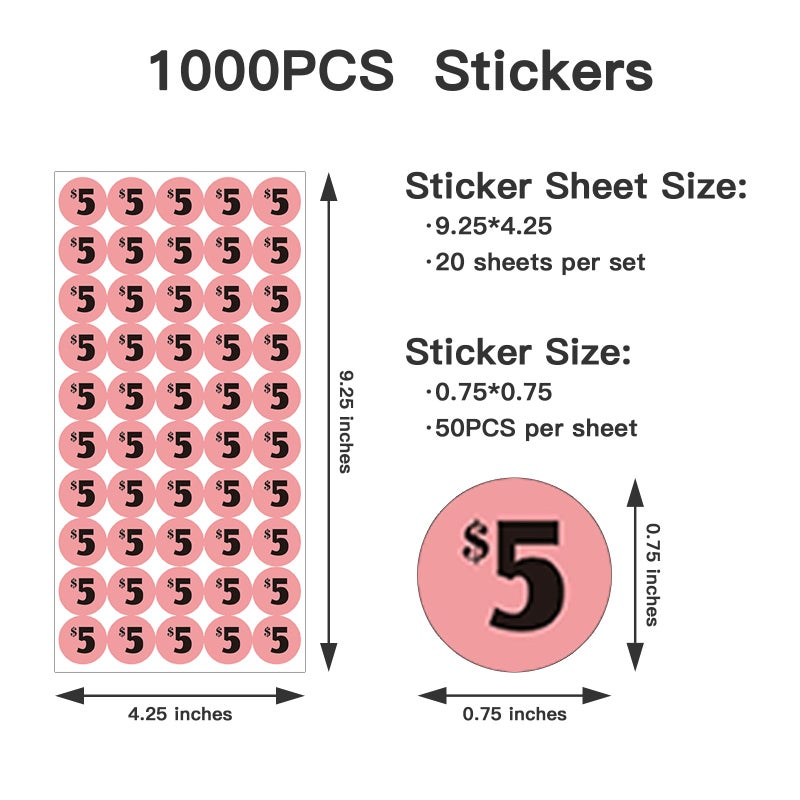DUGUTUL 1000 pcs $5 Color-Coded Price Stickers for Garage Sale and Flea Market, 3/4"" Diameter - Bold Fonts, Clear Visibility, High Visibility, Easy Organization - Image 2